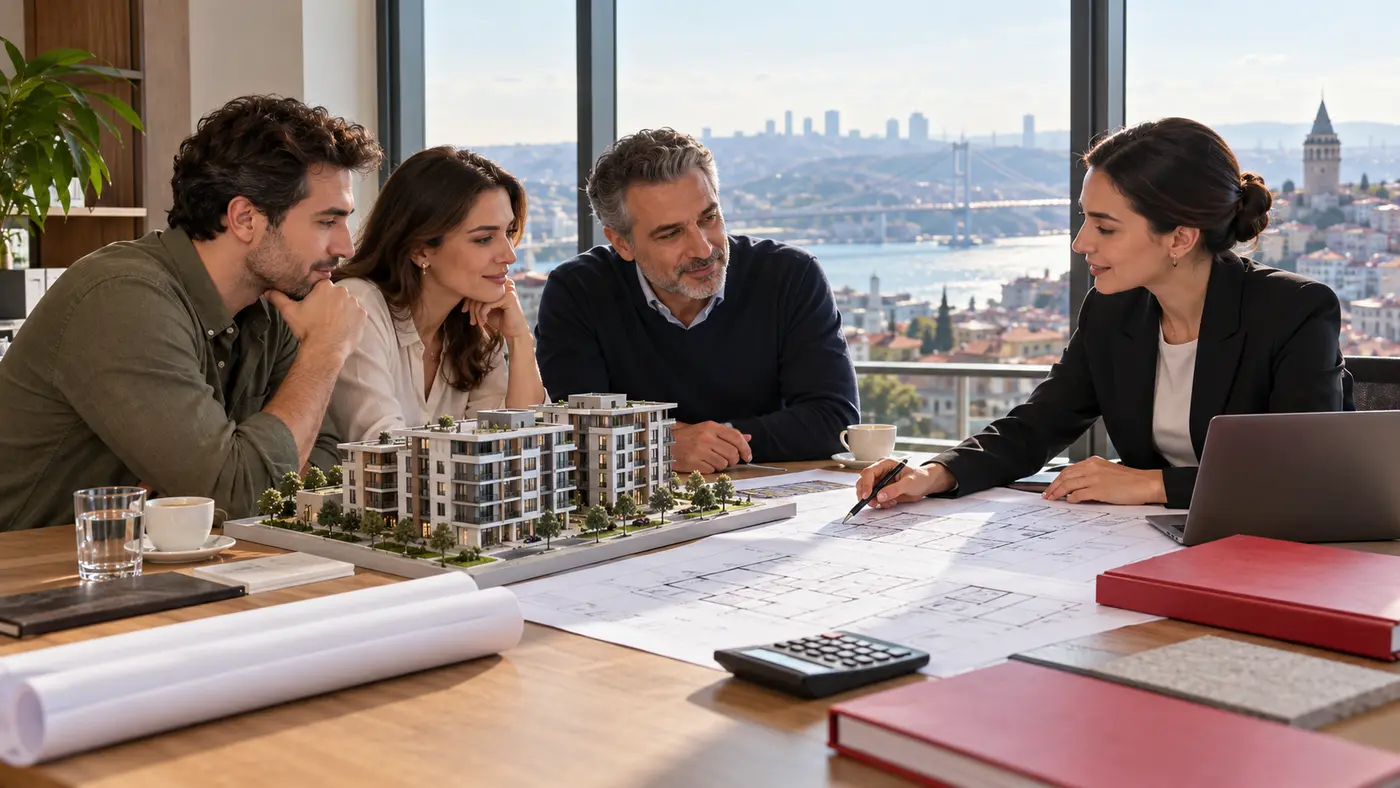 İstanbul’da maliklerin bir uzmanla kentsel dönüşüm kredi planını ve apartman maketini incelediği temsili görsel