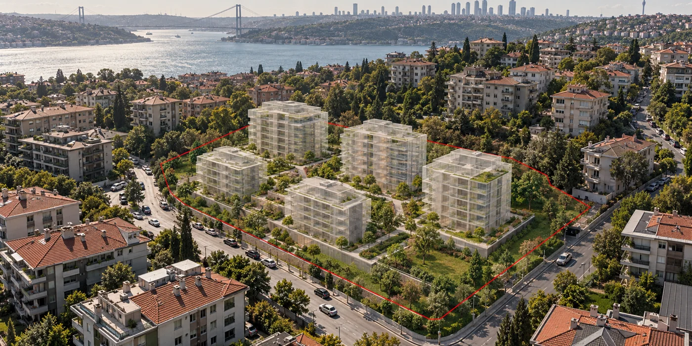 Arsa sınırı içinde öneri yapı kütlelerini gösteren temsili proje geliştirme görseli