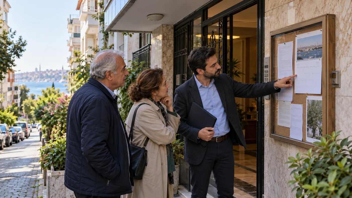 İstanbul’da bir apartmanın girişindeki resmî riskli yapı ilanını inceleyen malik ve uzmanların temsili görseli