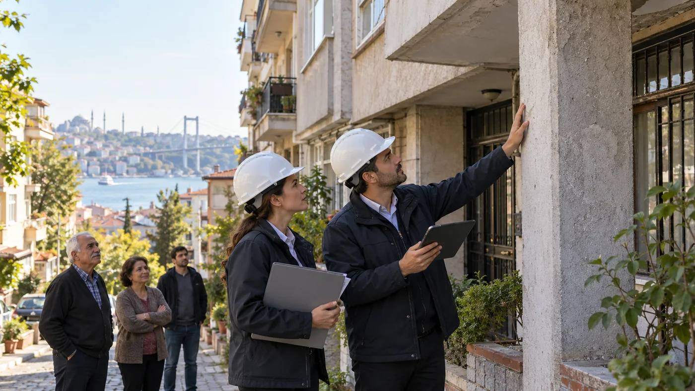 Uzmanların İstanbul’daki bir apartmanda riskli yapı incelemesi yaptığı temsili görsel